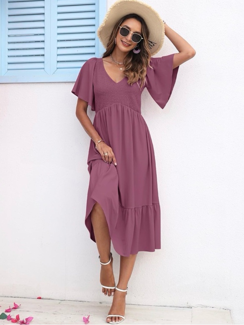 Auselily V-Neck Smocked Mauve Midi Dress with Flutter Sleeves
